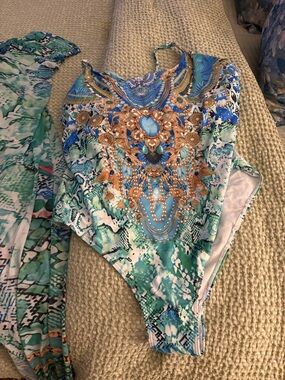 Embellished Blue & Teal One-Piece Swimsuit